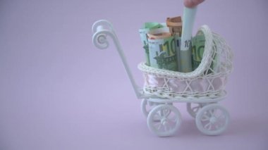 El bebek arabasına euro banknotları ekliyor. Hamilelik masrafları ve ailenin bir çocuğu olması. Taşıyıcı annelik.