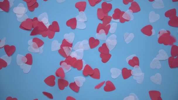 View from above. White and red hearts descend to the blue background. Background for the holiday is Valentines Day. Congratulations on your wedding or engagement. Declaration of love. — Stock Video