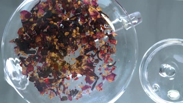 The process of making red tea. Hibiscus tea with rosehip seeds. Petals of rosehip flowers. Bottom view. Through the transparent surface of the glass kettle, the brewing process is clearly visible. — Stock Video