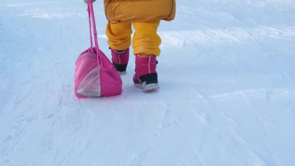 Uma criança cansada caminha para casa da escola no inverno. Um estudante arrasta um saco com uma mudança de sapatos atrás dele. Fadiga após a escola ou após um treino. Carga de trabalho dos alunos. Visão traseira. Há. — Vídeo de Stock