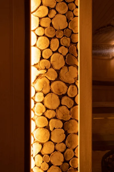 Decoración de sauna. Decoración de madera. Aromaterapia con aceites de árbol. Sauna interior —  Fotos de Stock