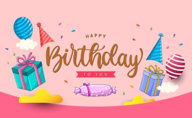 Kutlama kartları ve balonlu, konfeti ve hediye kutulu poster için doğum günü tipografi vektör tasarımınız kutlu olsun..