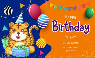 Cute children's birthday invitation and Greeting card, Happy Birthday party. Cute cartoon with balloon, gift and cute tiger.