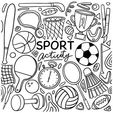 Set of hand drawn sport theme isolated on white background, doodle set of sport theme. Vector illustration