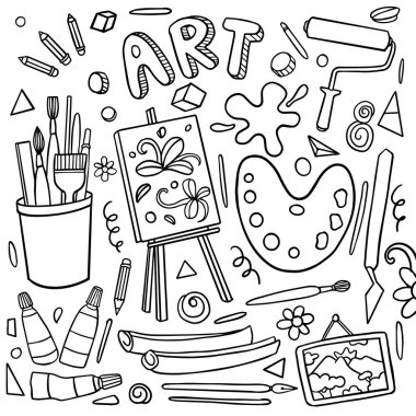 Hand drawn of panting and creativity in doodle style isolated on white background, Vector hand drawn set creativity theme. Vector illustration