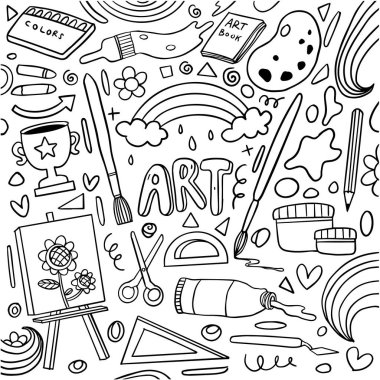Hand drawn of panting and creativity in doodle style isolated on white background, Vector hand drawn set creativity theme. Vector illustration