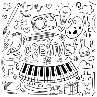 Hand drawn of creativity in doodle style isolated on white background, Vector hand drawn set creativity theme. Vector illustration