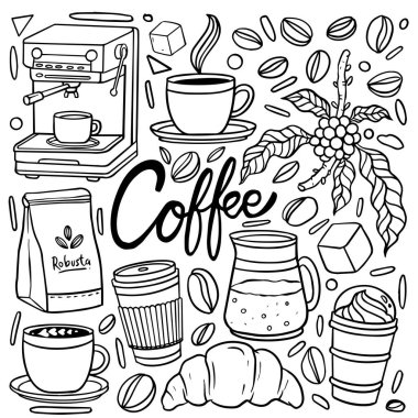Set of hand drawn coffee shop theme isolated on white background, doodle set for coffee and bakery for cafe menu, including supply item and equipment. Vector illustration
