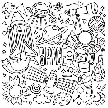 Hand drawn set of space doodles. Astrology doodles isolated on white background. Vector illustration
