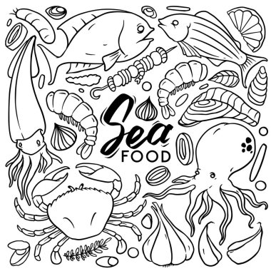 Hand drawn set of seafood illustration, lobster, crab, oyster, mussel, squid and shrimp. Seafood doodles isolated on white background. Vector illustration