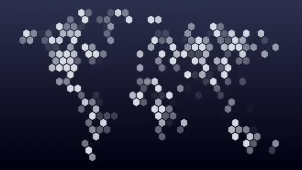 Анимированная карта мира, состоящая из мерцающих шестиугольников в металлическом оттенке — стоковое видео