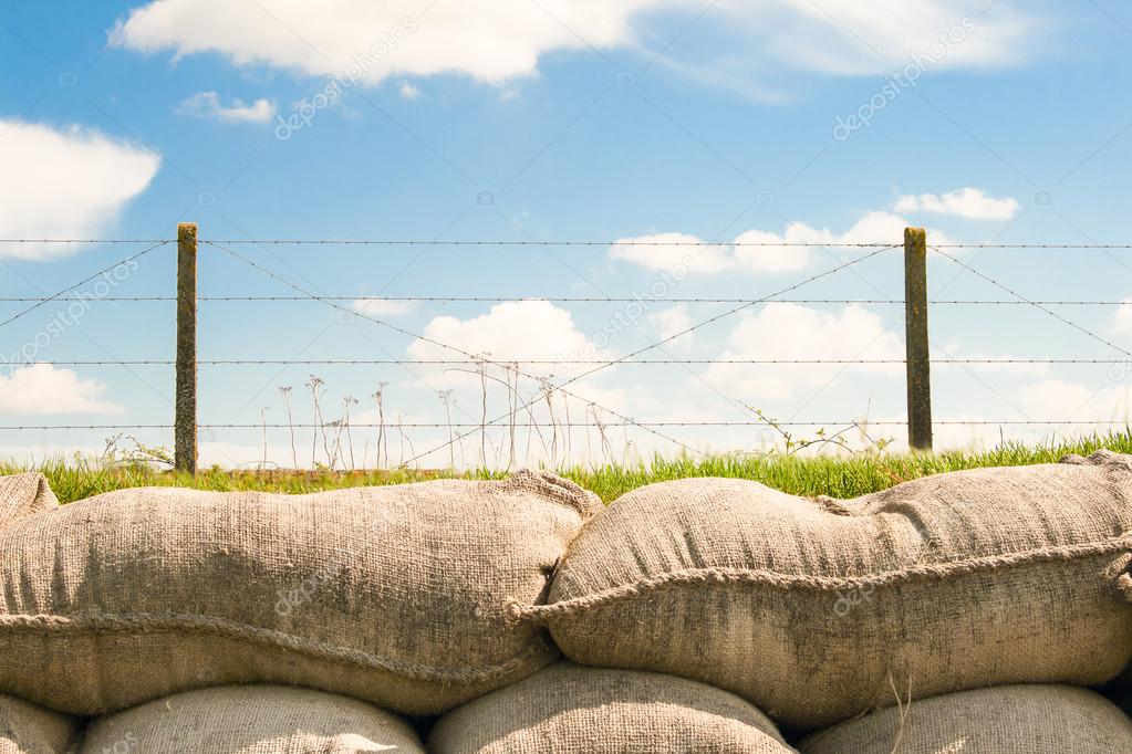 Trenches with barbed wire and sandbags world war one