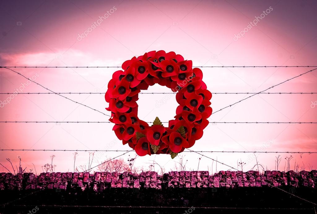 Background poppy WW1 barbed wire and sandbags world war