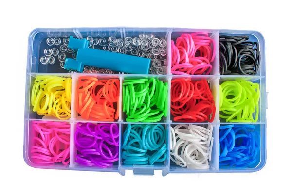 Box with colorful rubber bands for rainbow loom — Stock Photo, Image