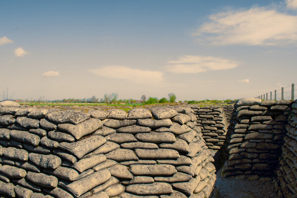 Trenches of World War one sandbags in Belgium
