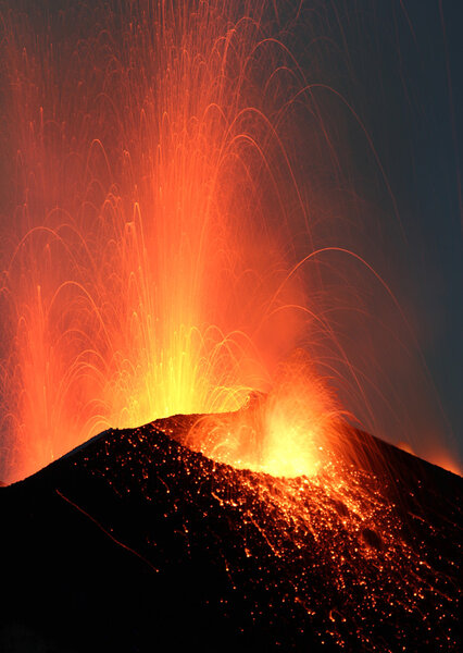 Volcano Stromboli erupting night eruption