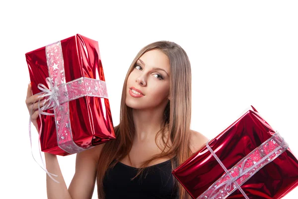 Girl with holiday gifts — Stock Photo, Image
