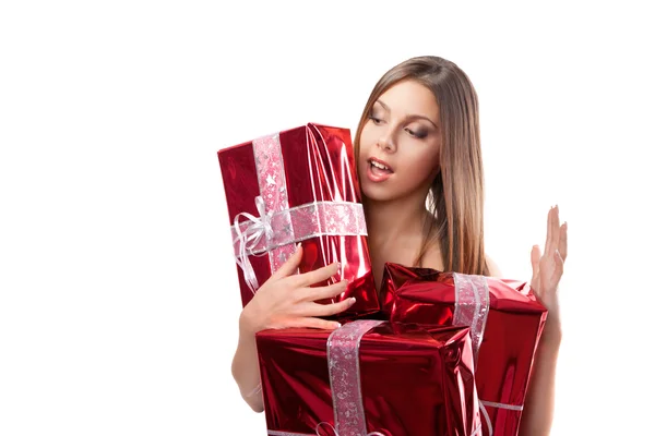 Girl with holiday gifts — Stock Photo, Image
