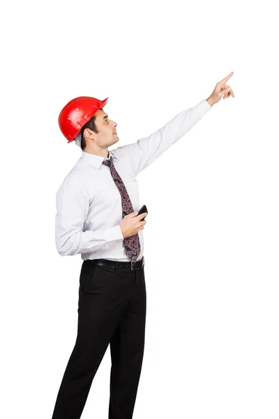 Man engineer shows his hand — Stock Photo, Image