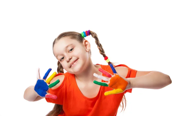 Portrait of a cute girl playing with paints — Stock Photo, Image