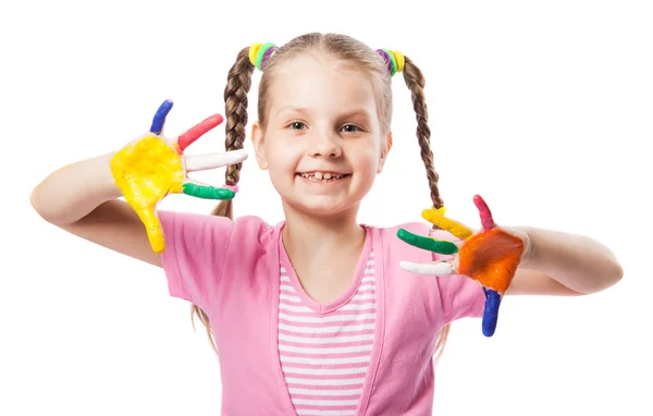 Retrato de uma menina bonita brincando com tintas — Fotografia de Stock