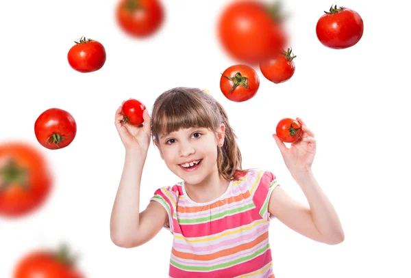 Ragazza con pomodoro su sfondo bianco — Foto Stock