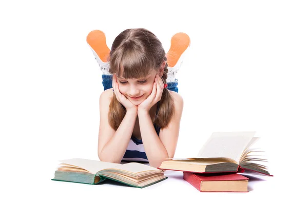 Girl reading a book on white background — Stock Photo, Image