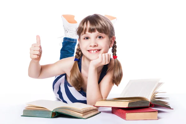 Girl reading a book on white background — Stock Photo, Image