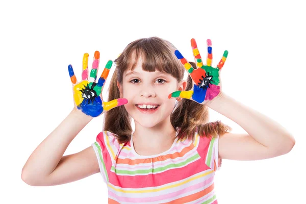Girl with hands in paint — Stock Photo, Image