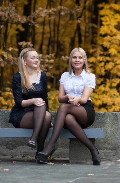 Две молодые девушки разговаривают в осеннем парке — стоковое фото