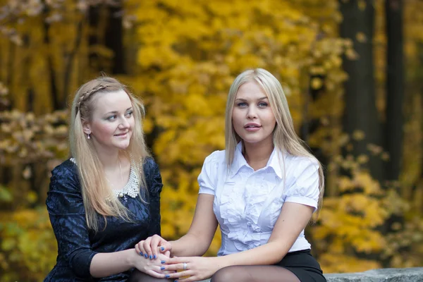 Two young girls talking in the autumn park — Stock Photo, Image