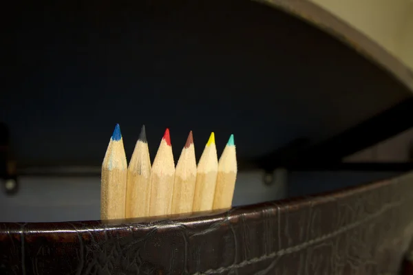 Six crayons de couleur dans une vieille valise — Photo