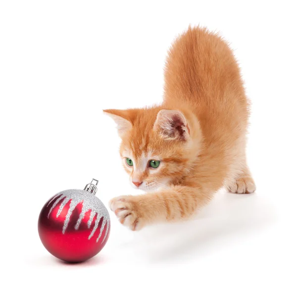 Χαριτωμένο γατάκι πορτοκαλί που παίζει με ένα στολίδι Χριστούγεννα σε λευκό Εικόνα Αρχείου