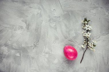 Beyaz çiçekli Paskalya yumurtası ve bahar ağacı dalı, kopyalama alanı