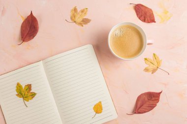 Açık çizgili defter, kahve ve sarı yapraklar