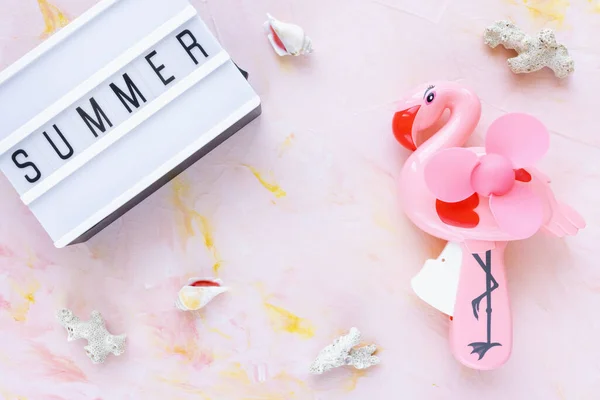 Deniz kabukları ve el flamingo fanı ile soyut pembe arkaplan üzerine yaz — Stok fotoğraf