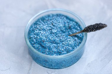 Mavi spirulina chia tohumlu puding kase. Superfood ve vegan konsepti