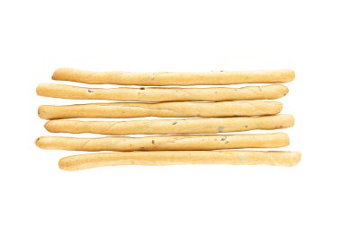 Beyaz arka planda izole edilmiş taze İtalyan Grissini Breadsticks. Zeytin parçalı kuru ekmek. Üst görünüm, alanı kopyala