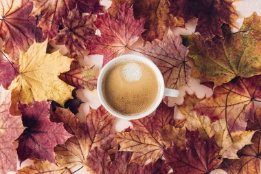 Cup of espresso with crema and and autumn red maple leaves on pink background. Fall season mood, flat lay. Top view