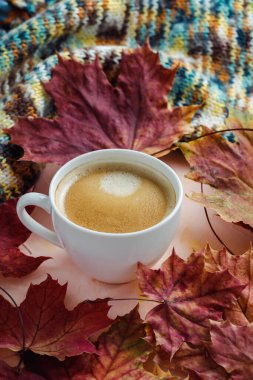 Cup of espresso with crema, knitted sweater and autumn red maple leaves on pink background. Fall season mood, flat lay. Side view, copy space