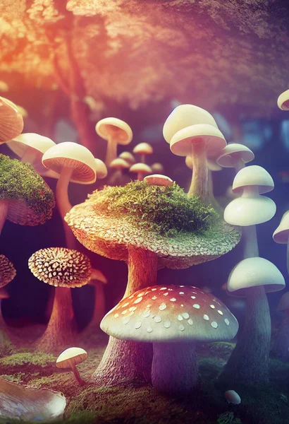 Big dreamy fantasy mushrooms in magic forest. Hallucinogenic psilocybin-containing mushrooms grow in natural environment. 3D illustration