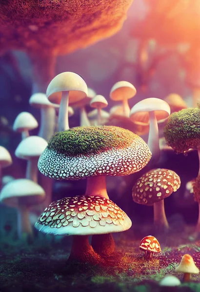 Big dreamy fantasy mushrooms in magic forest. Hallucinogenic psilocybin-containing mushrooms grow in natural environment. 3D illustration