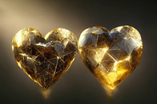 Two shining gold crystal hearts on gray blur background. Neural network generated art. Digitally generated image. Copy space