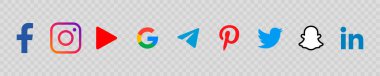 Sosyal medya simgeleri koydu. Facebook, Instagram, Youtube, Google, Telegram, Pinterest, Twitter, Snapchat, Linkedin. Vektör Editörü.
