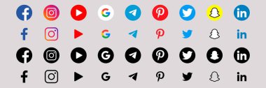 Sosyal medya simgeleri koydu. Facebook, Instagram, Youtube, Google, Telegram, Pinterest, Twitter, Snapchat, Linkedin. Vektör Editörü.