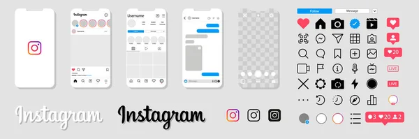 Instagram akıllı telefon için ayarlandı. Mobil uygulama illüstrasyonu. Sevgiler, hikayeler, gönderiler, fotoğraf, aboneler ve diğer ikonlar. Vektör editörü.