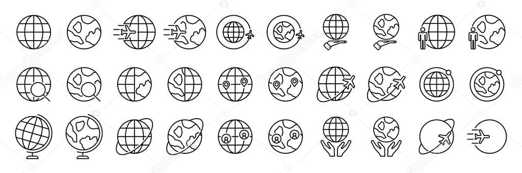 Airplane fly around the planet Earth set vector line icons