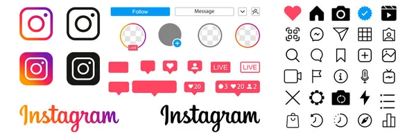 Instagram simgeleri UI ayarladı. Sosyal medya arayüzü simgesi uygulaması. Yorum, takip, canlı yayın, IGTV, dükkan, tebligat gibi. Vektör illüstrasyonu