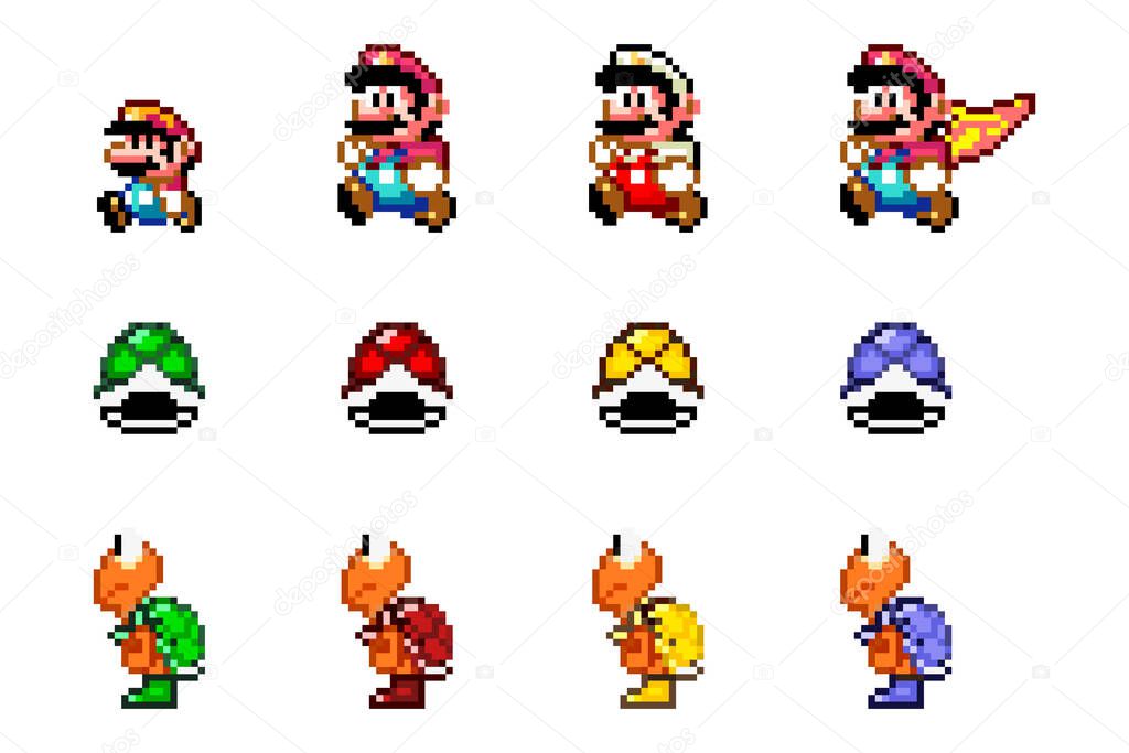set of super mario pixel cartoon vector characters