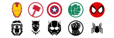 Logos Icon of the most famous superheroes Marvel. Avengers, Thanos, Iron man, Thor, Captain America, The Hulk, Guardian of the galaxy, Star Lord, Black Panther, Ant man, Spider man clipart